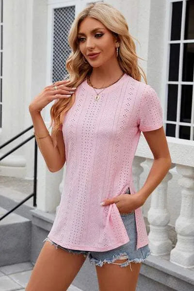 Eyelet Slit Round Neck Short Sleeve T-Shirt Women's T-Shirts - Tophatter Daily Deals
